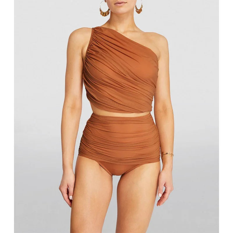 One-Shoulder One-Piece Swimsuit with Skirt Caramel Bathing Suit Cover-Up 2-Piece Women’s Beachwear Vacation Outfit  Swim Dress