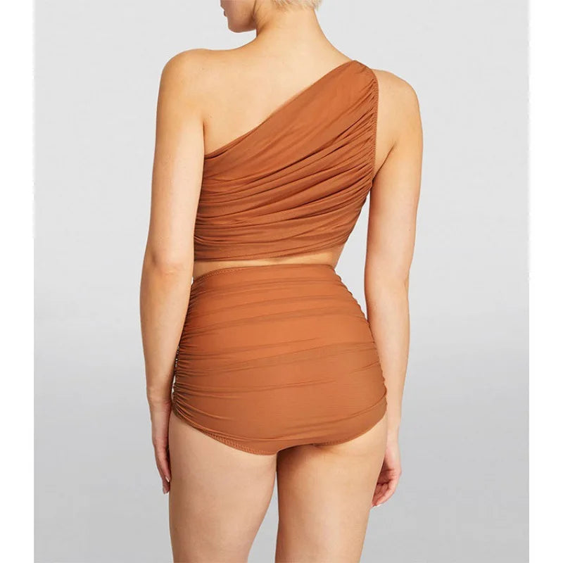 One-Shoulder One-Piece Swimsuit with Skirt Caramel Bathing Suit Cover-Up 2-Piece Women’s Beachwear Vacation Outfit  Swim Dress