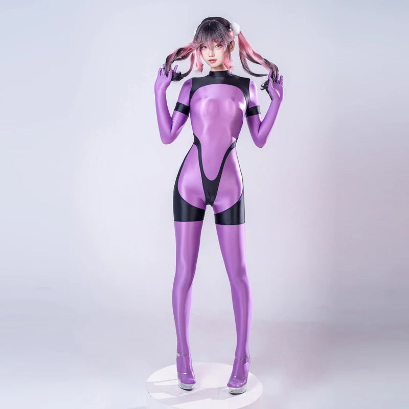 Sexy gloss see through swimsuit Oil shiny back zipper jumpsuit body suits japanese women play the role Tights swimsuit