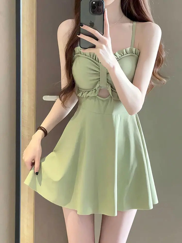 Women Swimsuit 2025 New Summer One-piece Slim Conservative Skirt Avocado Green High-end Sexy Hot Spring Swimsuit