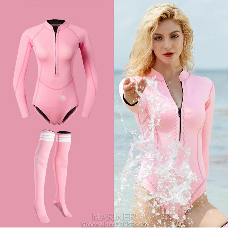 Women's Swimsuit 2mm Wetsuit Girls Bikini Wet Suit Long Sleeve Swimsuit Snorkeling Suit One-piece Swimsuit Surf Suit