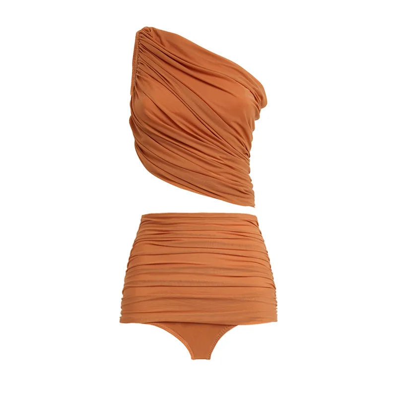 One-Shoulder One-Piece Swimsuit with Skirt Caramel Bathing Suit Cover-Up 2-Piece Women’s Beachwear Vacation Outfit  Swim Dress