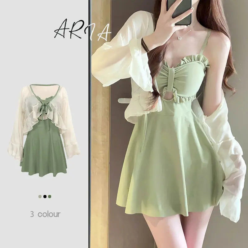 Women Swimsuit 2025 New Summer One-piece Slim Conservative Skirt Avocado Green High-end Sexy Hot Spring Swimsuit