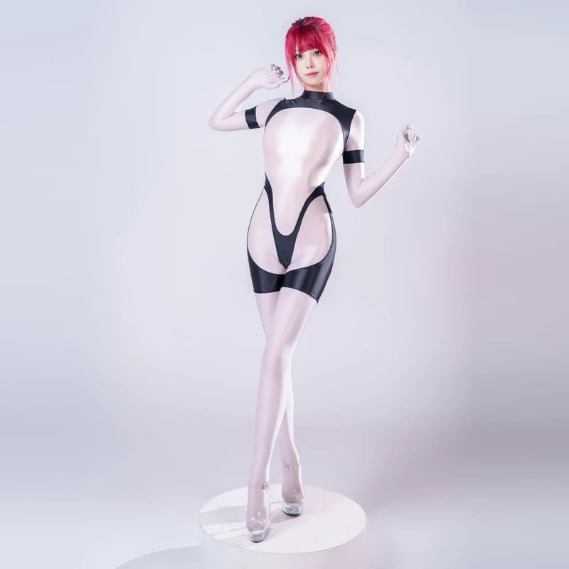 Sexy gloss see through swimsuit Oil shiny back zipper jumpsuit body suits japanese women play the role Tights swimsuit