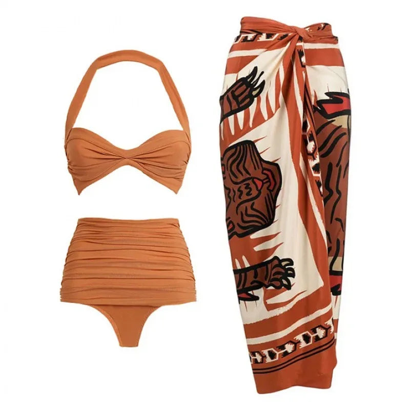 One-Shoulder One-Piece Swimsuit with Skirt Caramel Bathing Suit Cover-Up 2-Piece Women’s Beachwear Vacation Outfit  Swim Dress