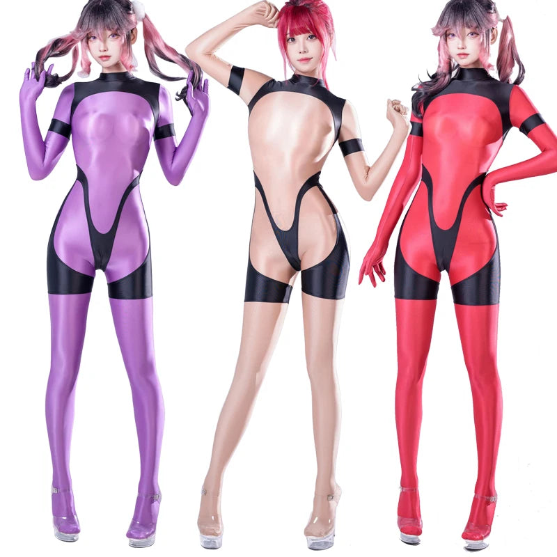 Sexy gloss see through swimsuit Oil shiny back zipper jumpsuit body suits japanese women play the role Tights swimsuit