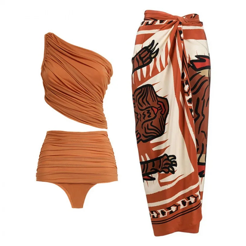 One-Shoulder One-Piece Swimsuit with Skirt Caramel Bathing Suit Cover-Up 2-Piece Women’s Beachwear Vacation Outfit  Swim Dress