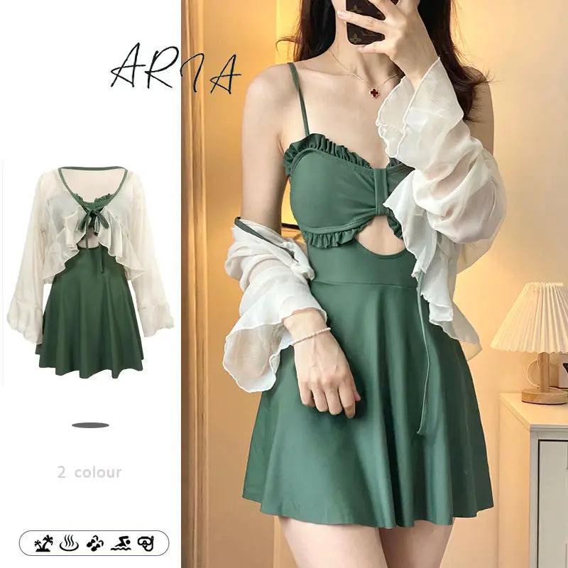 Women Swimsuit 2025 New Summer One-piece Slim Conservative Skirt Avocado Green High-end Sexy Hot Spring Swimsuit