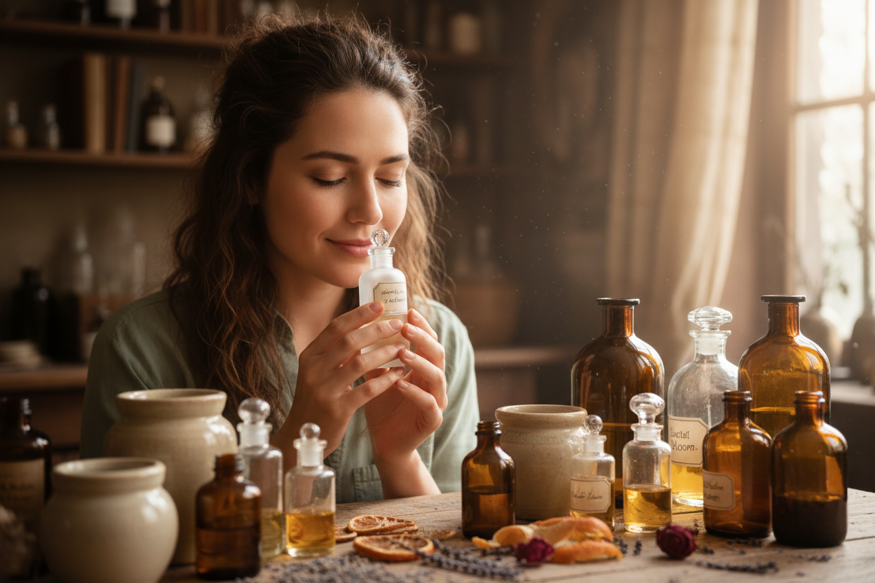 A woman smelling oils and fragrances